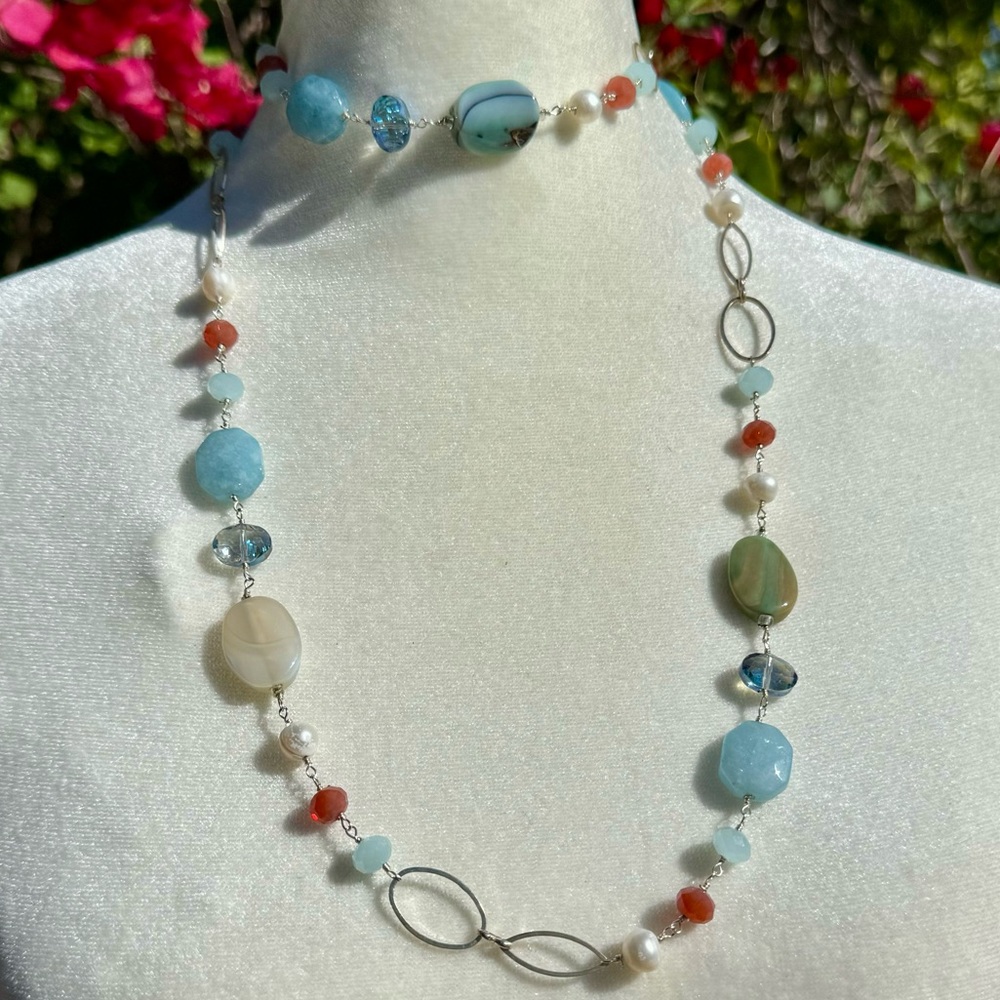 Vtg.Sterling Silver necklace with gorgeous blue and green natural agate+jasper